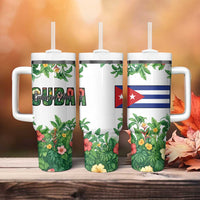 Cuba Floral Tumbler With Handle Tropical Flower Design with Cuban Flag and Cuba en Flor Script - Wonder Print Shop