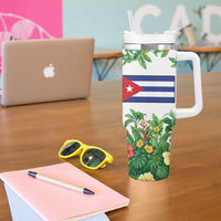 Cuba Floral Tumbler With Handle Tropical Flower Design with Cuban Flag and Cuba en Flor Script - Wonder Print Shop