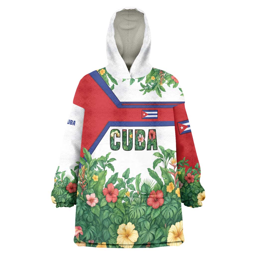 Cuba Floral Wearable Blanket Hoodie Tropical Flower Design with Cuban Flag and Cuba en Flor Script - Wonder Print Shop