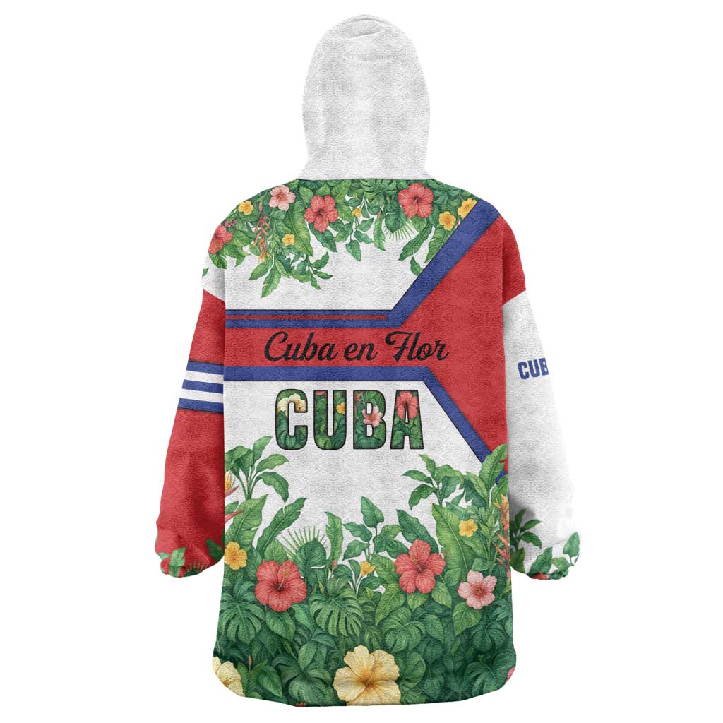 Cuba Floral Wearable Blanket Hoodie Tropical Flower Design with Cuban Flag and Cuba en Flor Script - Wonder Print Shop