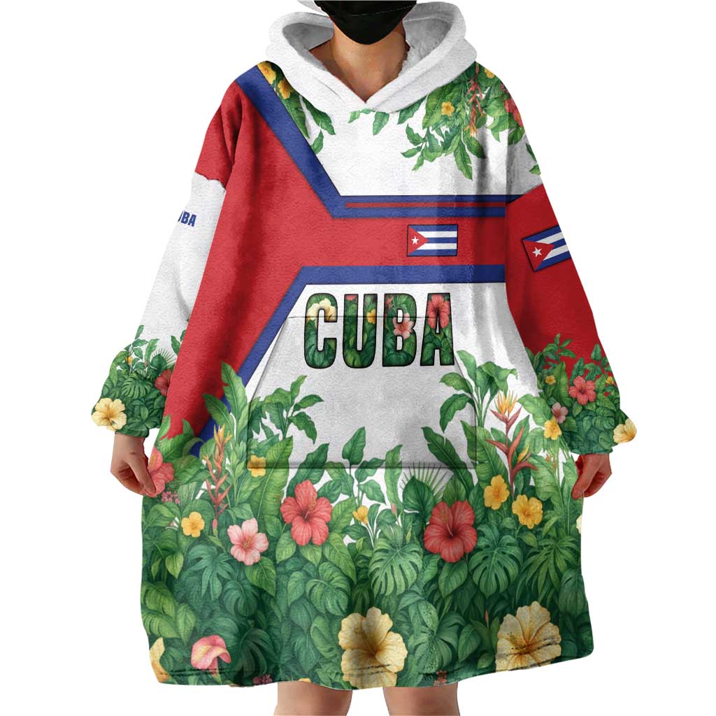 Cuba Floral Wearable Blanket Hoodie Tropical Flower Design with Cuban Flag and Cuba en Flor Script - Wonder Print Shop
