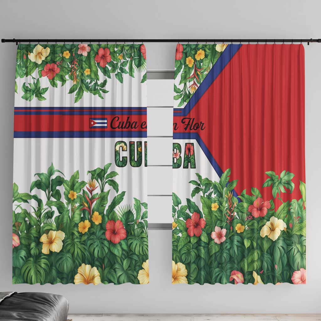 Cuba Floral Window Curtain Tropical Flower Design with Cuban Flag and Cuba en Flor Script - Wonder Print Shop