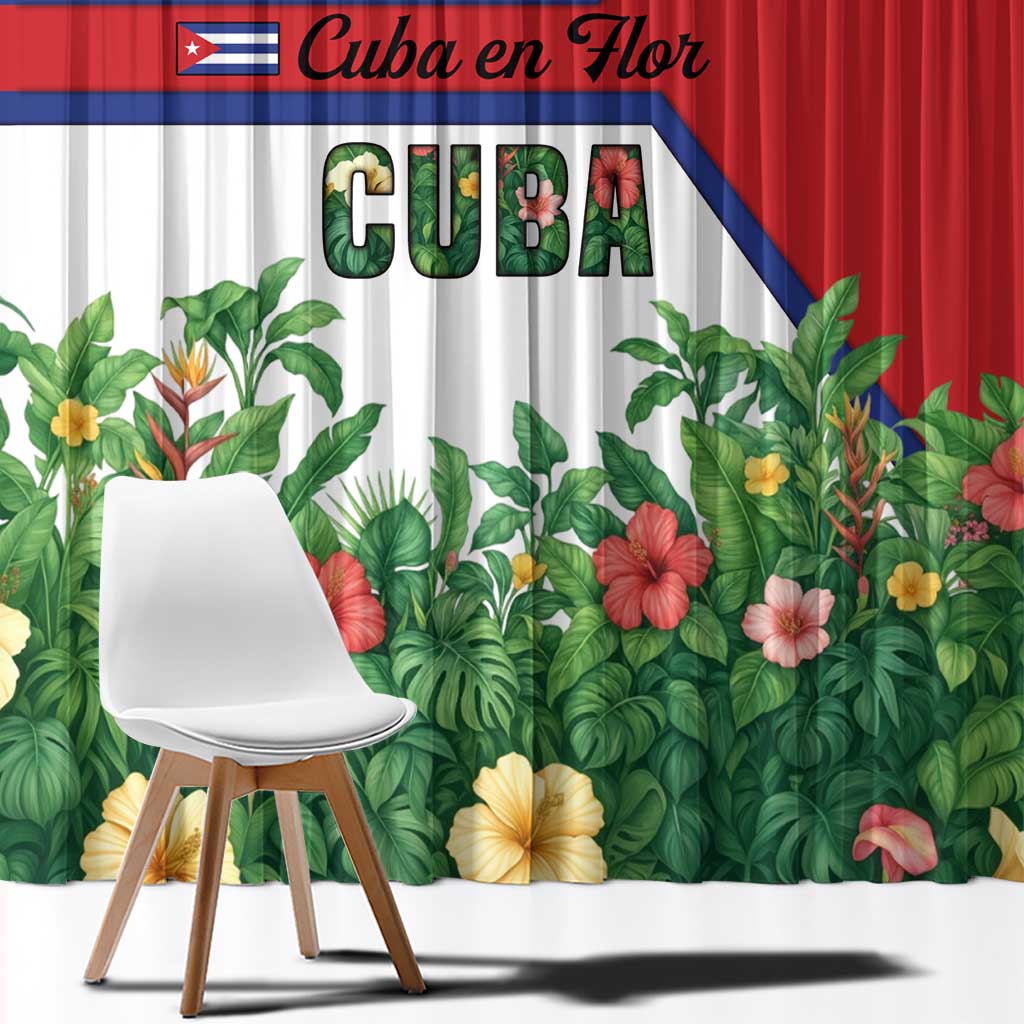 Cuba Floral Window Curtain Tropical Flower Design with Cuban Flag and Cuba en Flor Script - Wonder Print Shop