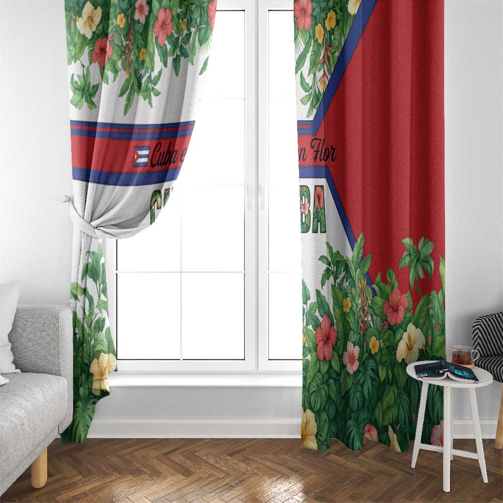 Cuba Floral Window Curtain Tropical Flower Design with Cuban Flag and Cuba en Flor Script - Wonder Print Shop