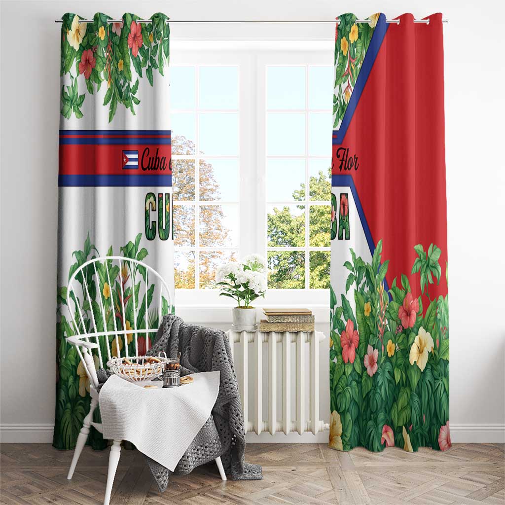 Cuba Floral Window Curtain Tropical Flower Design with Cuban Flag and Cuba en Flor Script - Wonder Print Shop