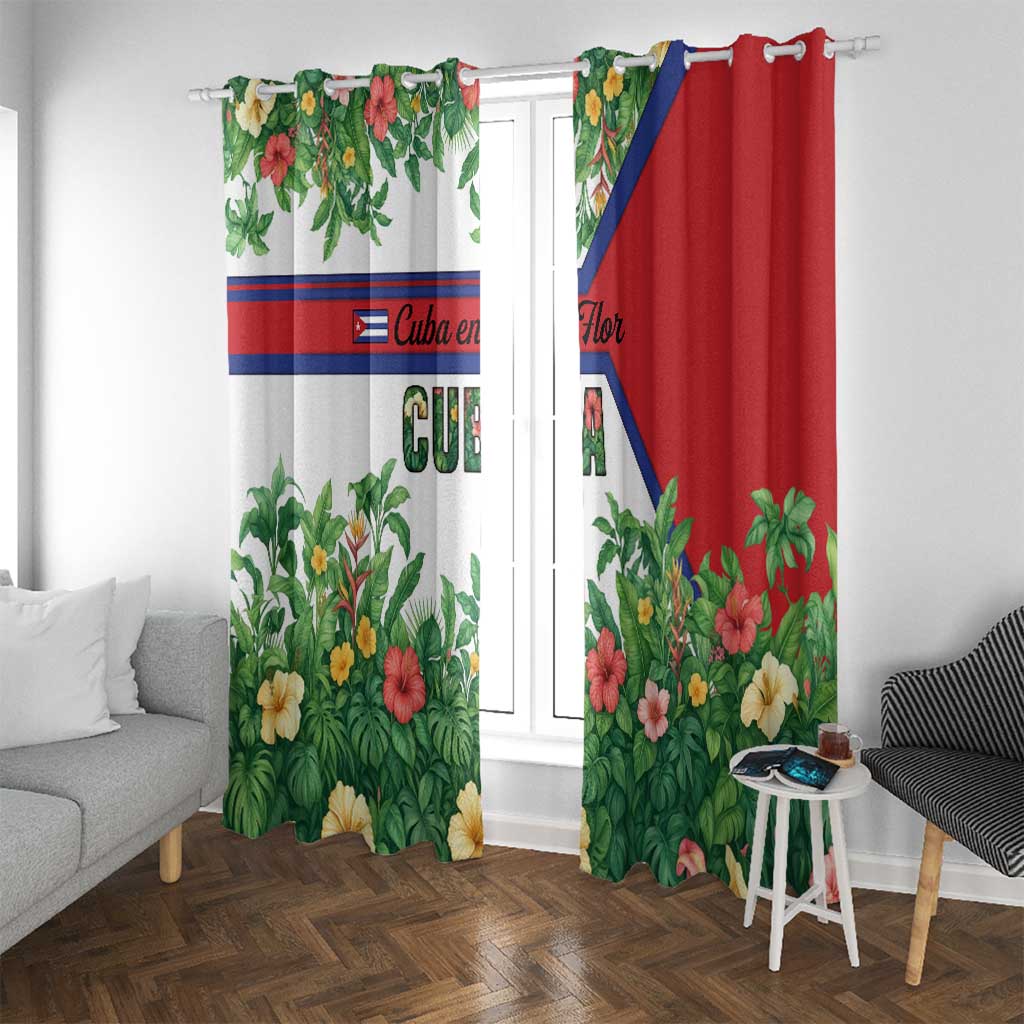 Cuba Floral Window Curtain Tropical Flower Design with Cuban Flag and Cuba en Flor Script - Wonder Print Shop