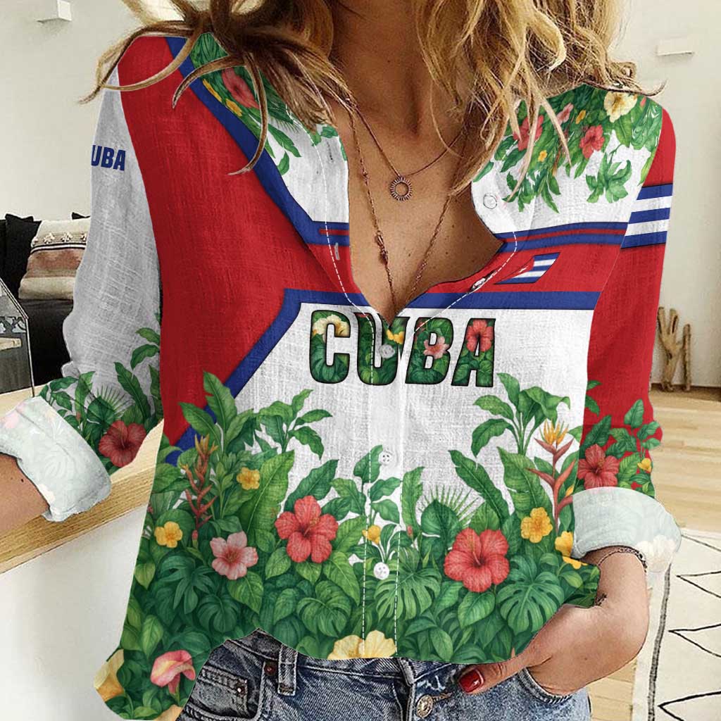 Cuba Floral Women Casual Shirt Tropical Flower Design with Cuban Flag and Cuba en Flor Script - Wonder Print Shop
