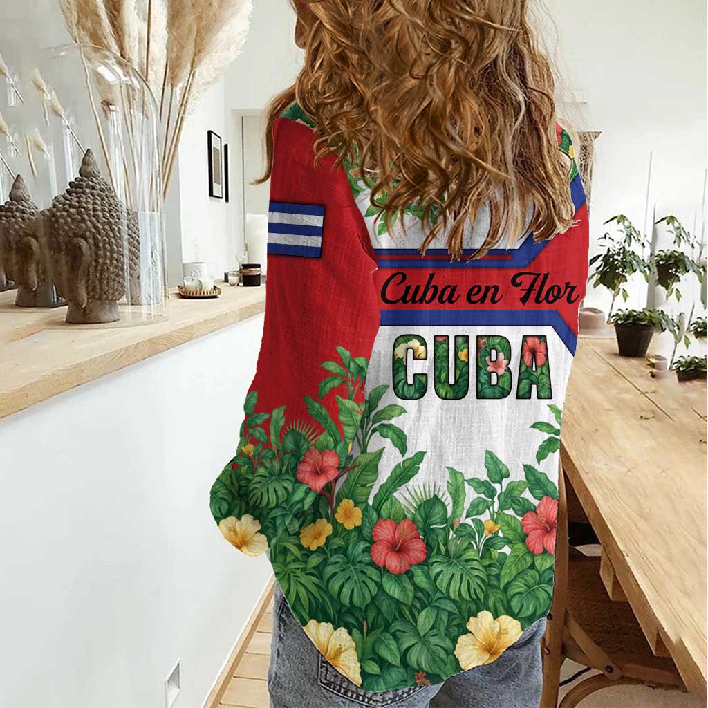 Cuba Floral Women Casual Shirt Tropical Flower Design with Cuban Flag and Cuba en Flor Script - Wonder Print Shop