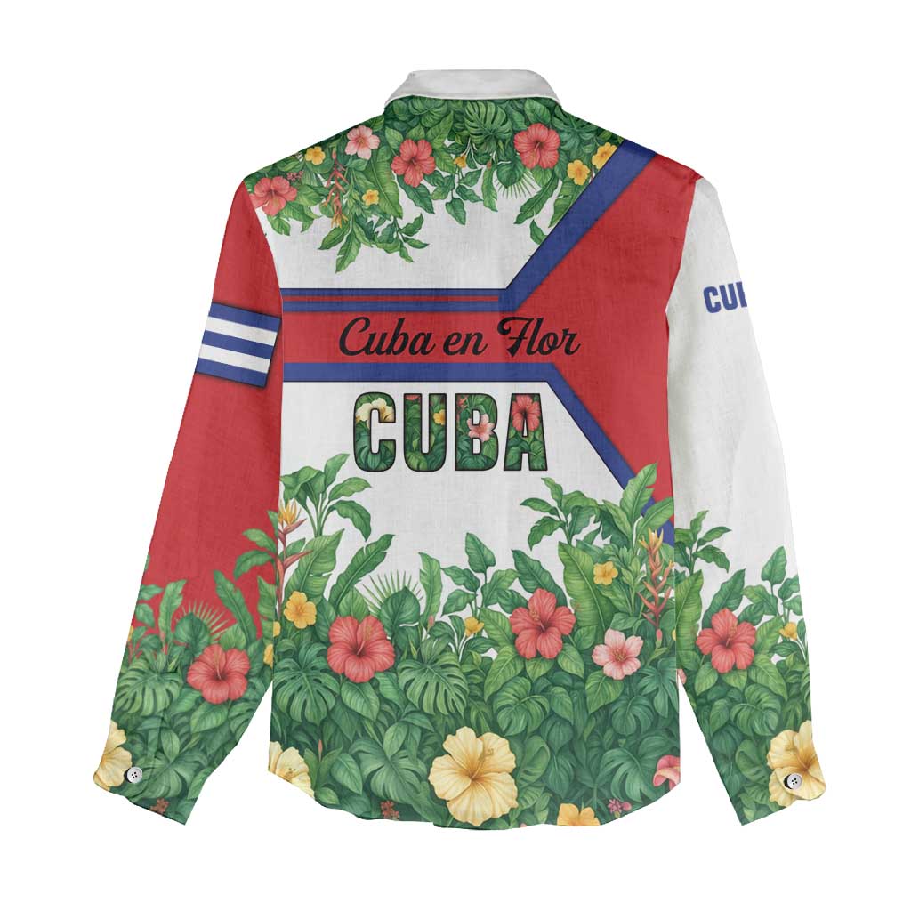 Cuba Floral Women Casual Shirt Tropical Flower Design with Cuban Flag and Cuba en Flor Script - Wonder Print Shop