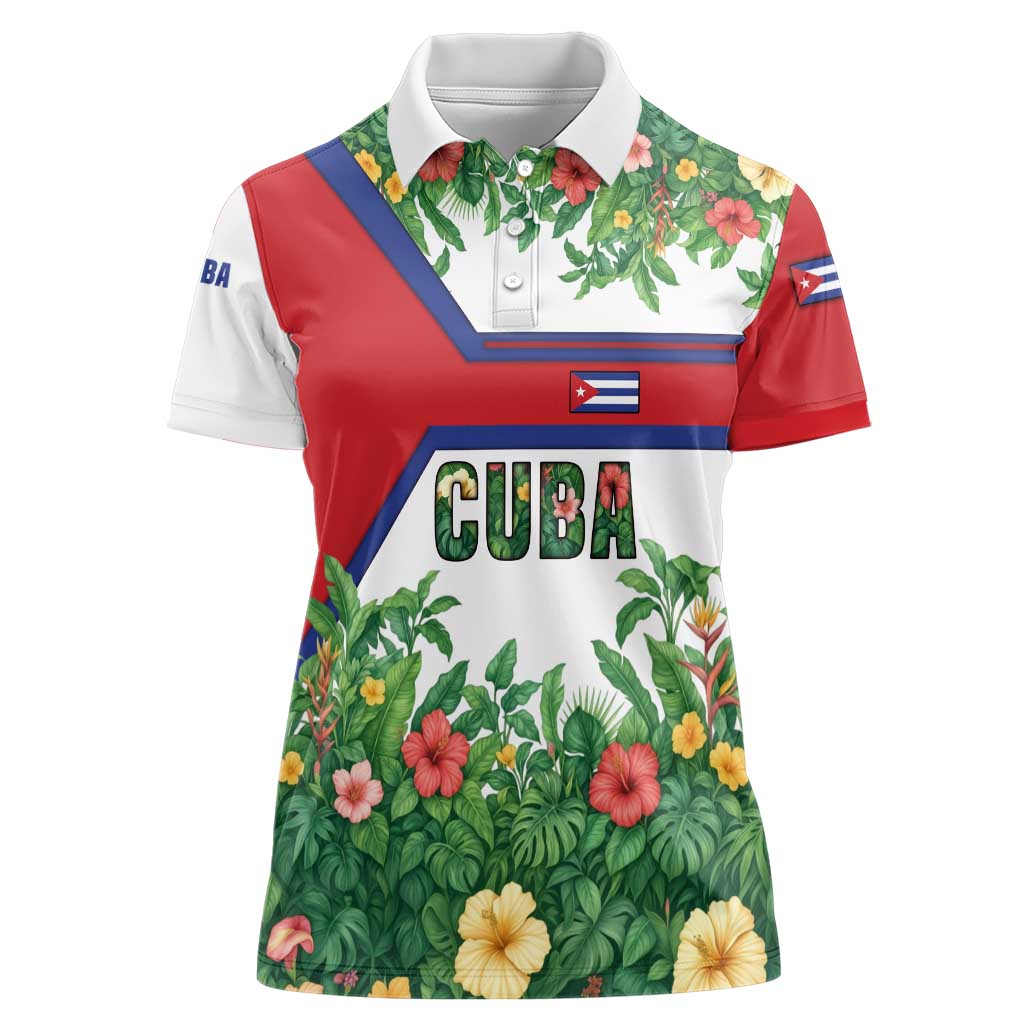 Cuba Floral Women Polo Shirt Tropical Flower Design with Cuban Flag and Cuba en Flor Script - Wonder Print Shop