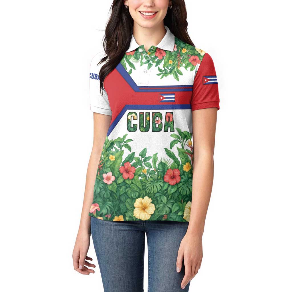 Cuba Floral Women Polo Shirt Tropical Flower Design with Cuban Flag and Cuba en Flor Script - Wonder Print Shop