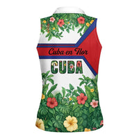 Cuba Floral Women Sleeveless Polo Shirt Tropical Flower Design with Cuban Flag and Cuba en Flor Script - Wonder Print Shop
