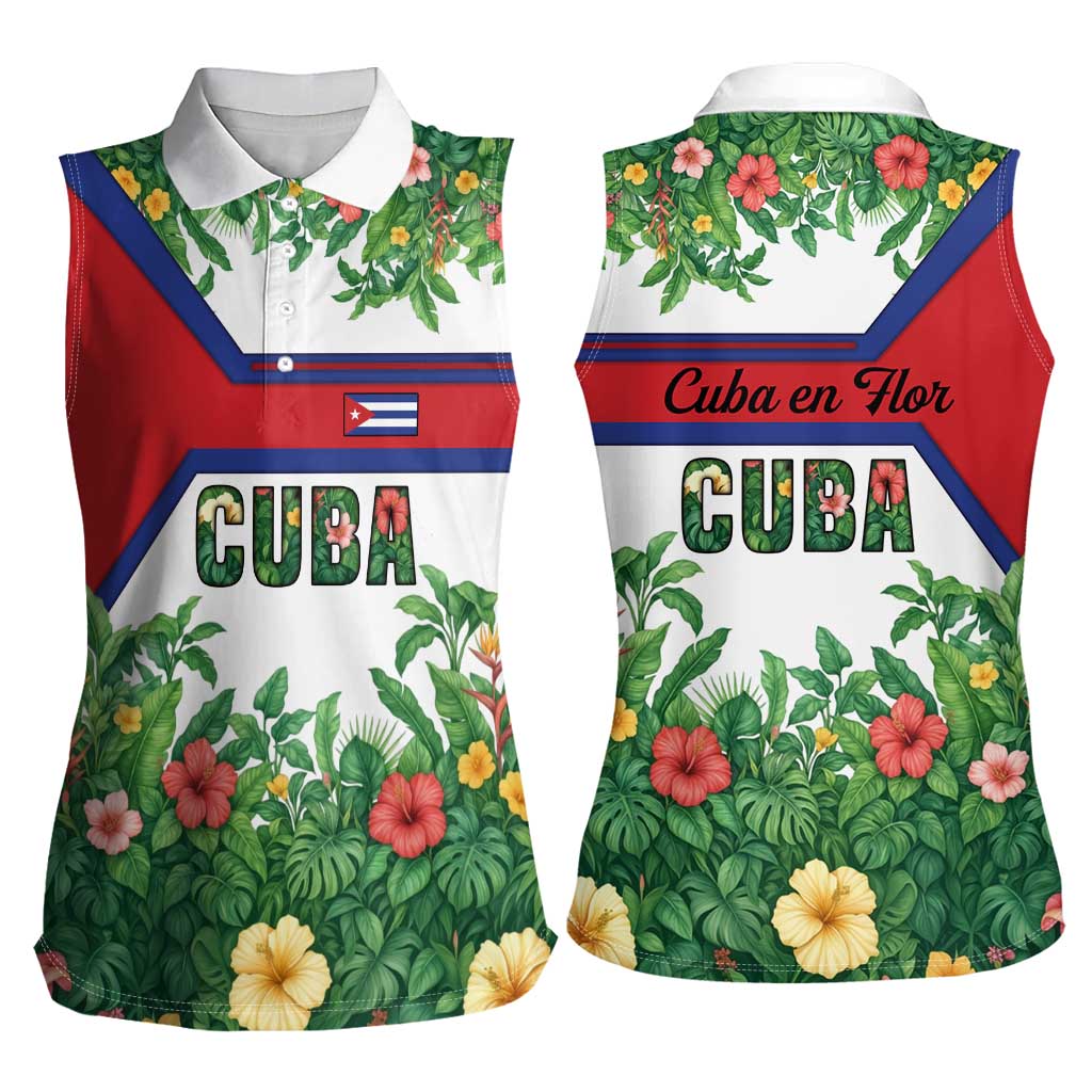 Cuba Floral Women Sleeveless Polo Shirt Tropical Flower Design with Cuban Flag and Cuba en Flor Script - Wonder Print Shop