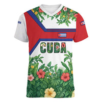 Cuba Floral Women V-Neck T-Shirt Tropical Flower Design with Cuban Flag and Cuba en Flor Script - Wonder Print Shop