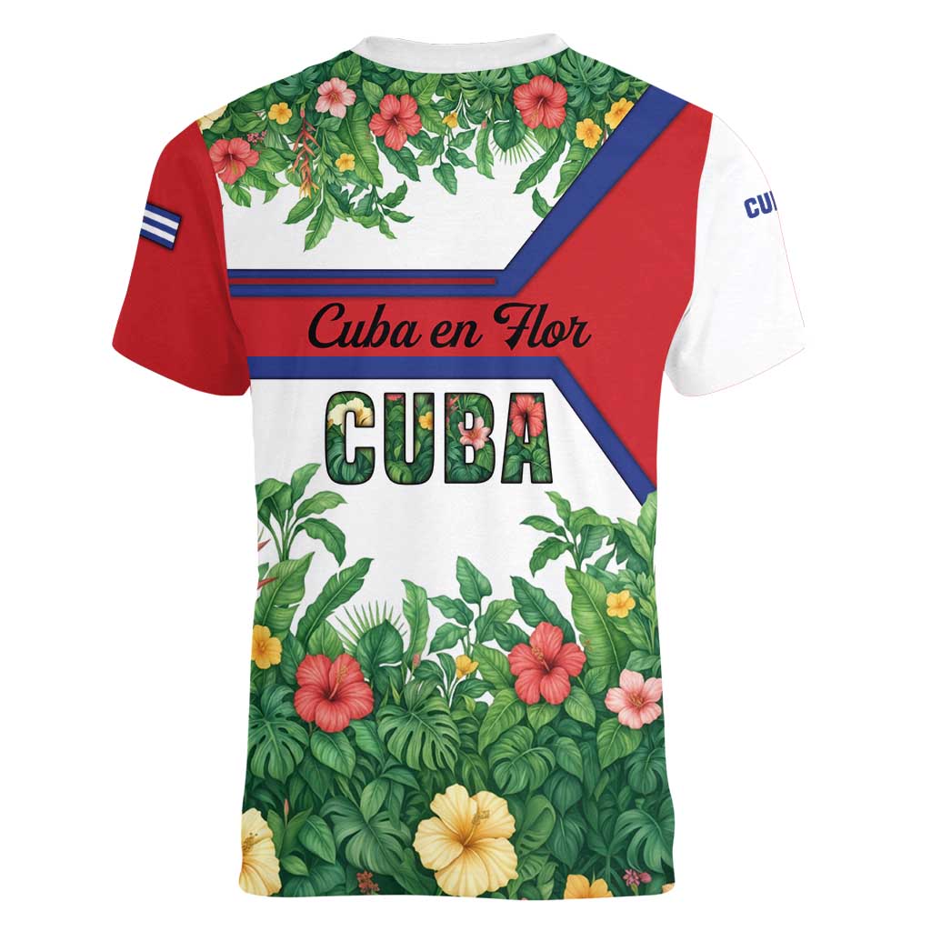 Cuba Floral Women V-Neck T-Shirt Tropical Flower Design with Cuban Flag and Cuba en Flor Script - Wonder Print Shop