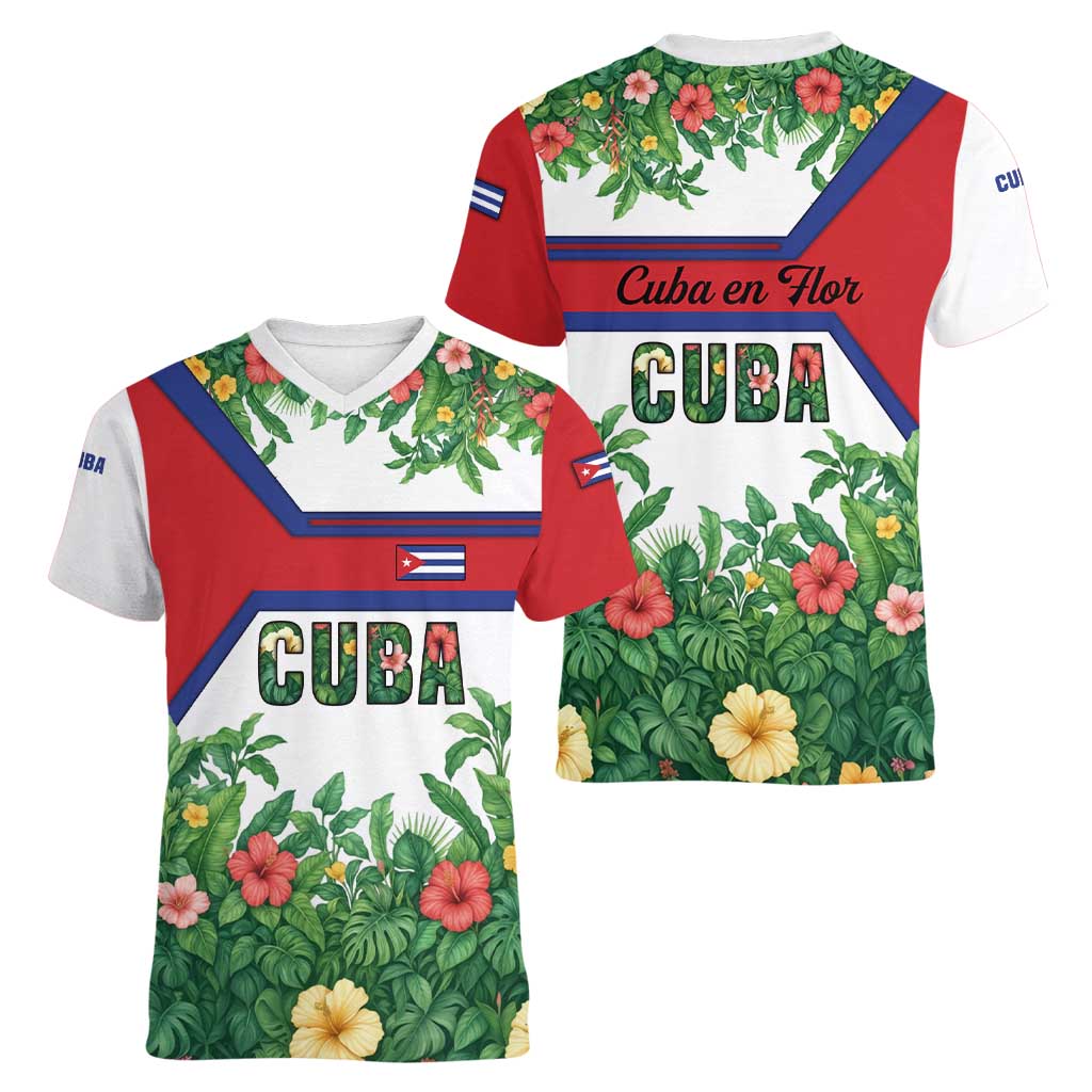 Cuba Floral Women V-Neck T-Shirt Tropical Flower Design with Cuban Flag and Cuba en Flor Script - Wonder Print Shop