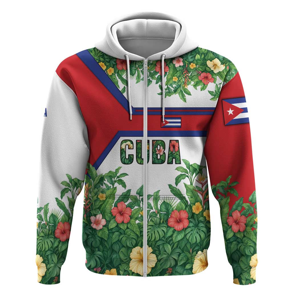 Cuba Floral Zip Hoodie Tropical Flower Design with Cuban Flag and Cuba en Flor Script - Wonder Print Shop