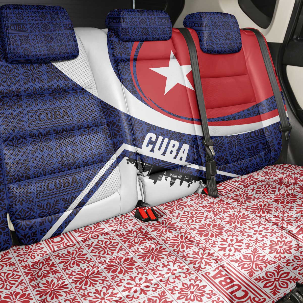 Cuba Flag Back Car Seat Cover Red White and Blue Design with Cuban Star and Havana City Skyline - Wonder Print Shop