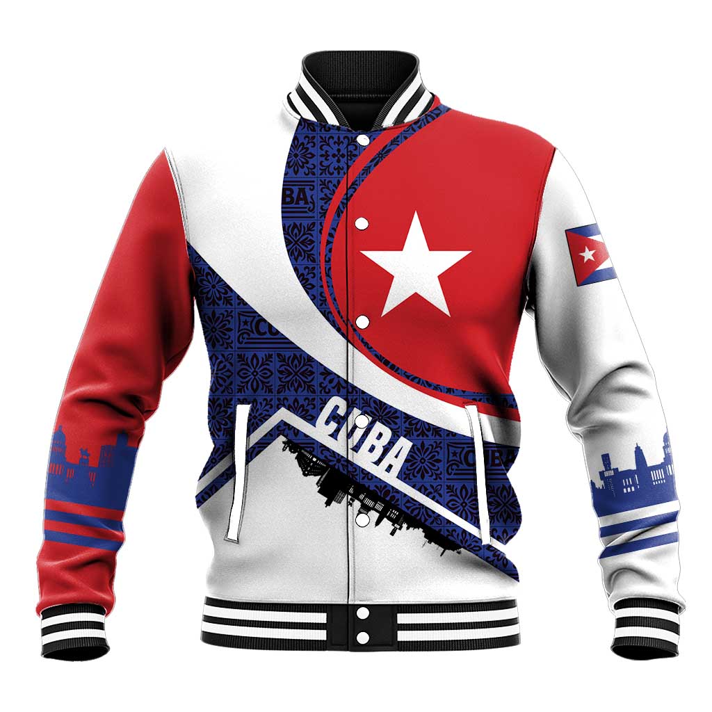 Cuba Flag Baseball Jacket Red White and Blue Design with Cuban Star and Havana City Skyline - Wonder Print Shop