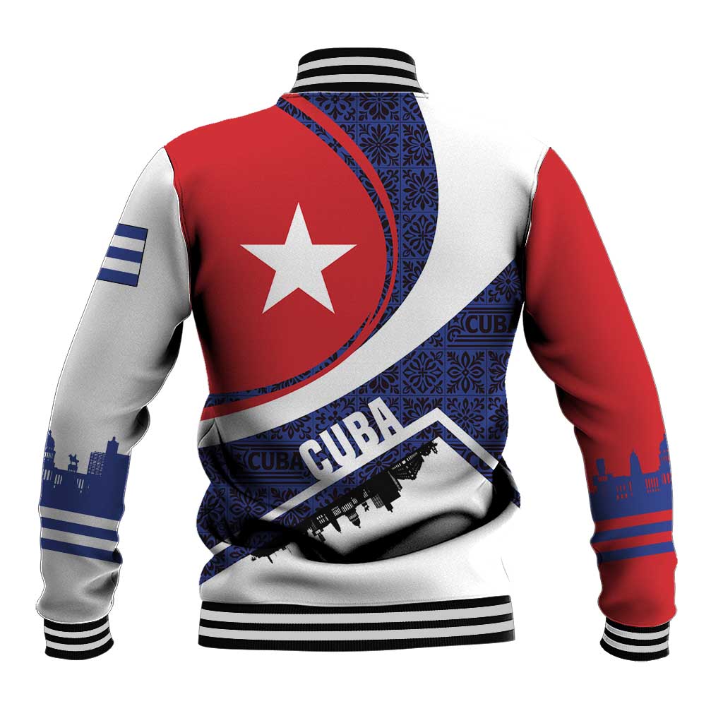 Cuba Flag Baseball Jacket Red White and Blue Design with Cuban Star and Havana City Skyline - Wonder Print Shop