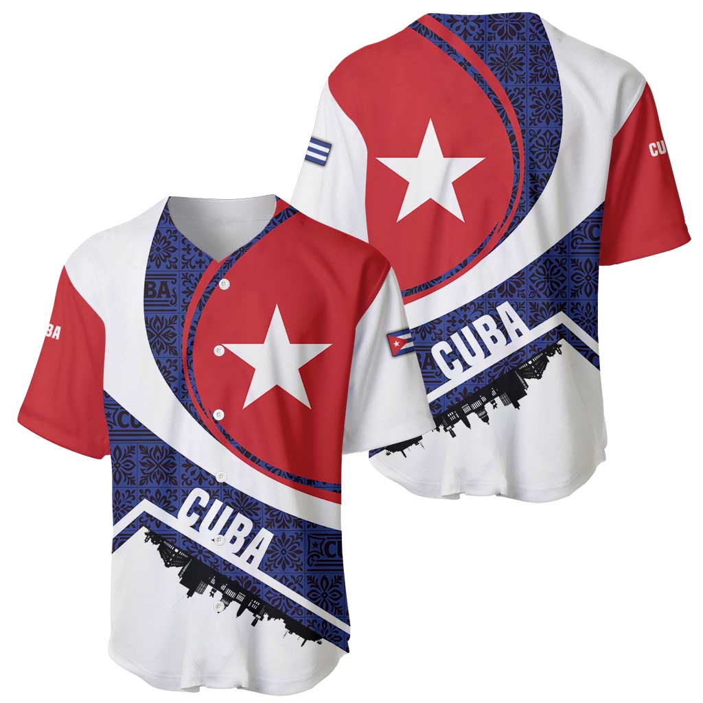 Cuba Flag Baseball Jersey Red White and Blue Design with Cuban Star and Havana City Skyline - Wonder Print Shop