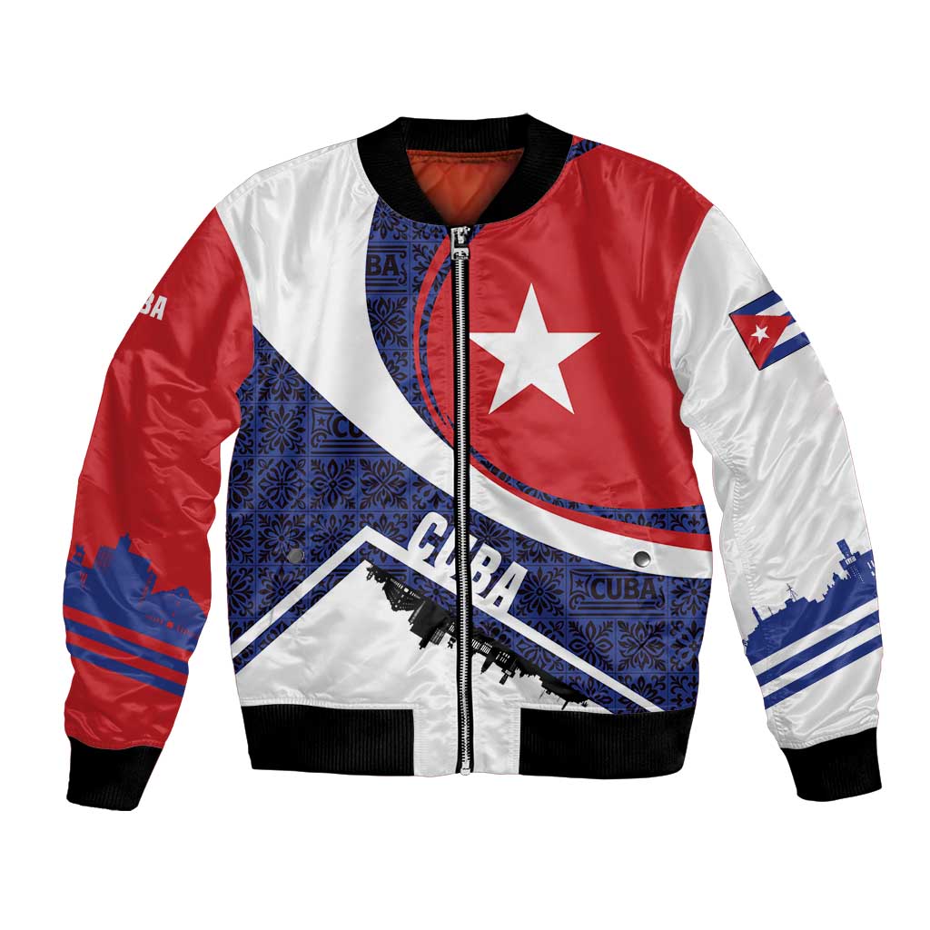 Cuba Flag Bomber Jacket Red White and Blue Design with Cuban Star and Havana City Skyline - Wonder Print Shop