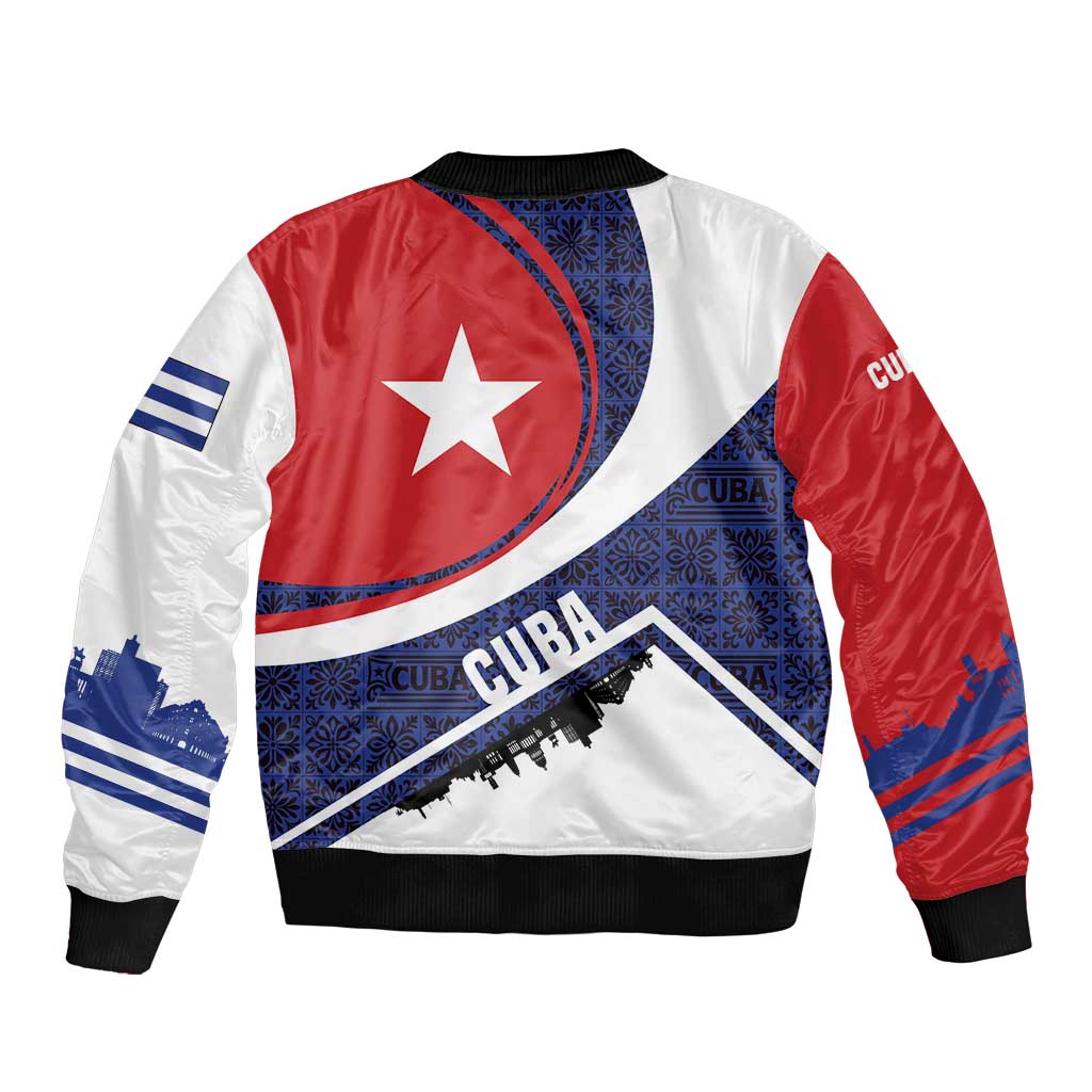 Cuba Flag Bomber Jacket Red White and Blue Design with Cuban Star and Havana City Skyline - Wonder Print Shop
