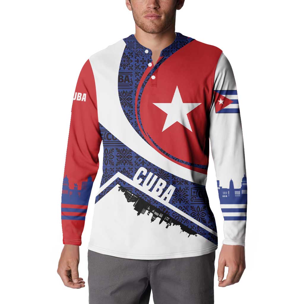 Cuba Flag Button Sweatshirt Red White and Blue Design with Cuban Star and Havana City Skyline - Wonder Print Shop