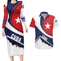 Cuba Flag Couples Matching Long Sleeve Bodycon Dress and Hawaiian Shirt Red White and Blue Design with Cuban Star and Havana City Skyline - Wonder Print Shop