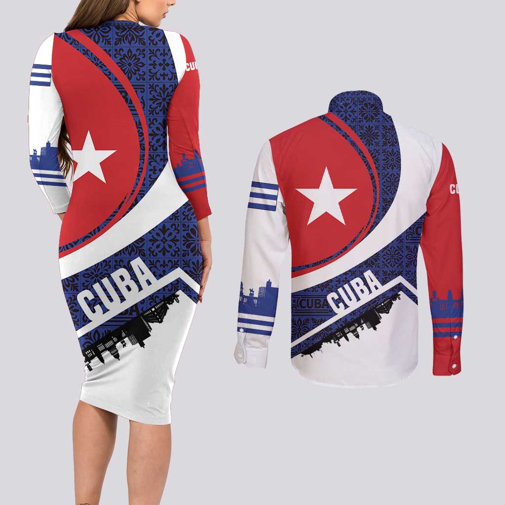 Cuba Flag Couples Matching Long Sleeve Bodycon Dress and Long Sleeve Button Shirt Red White and Blue Design with Cuban Star and Havana City Skyline - Wonder Print Shop