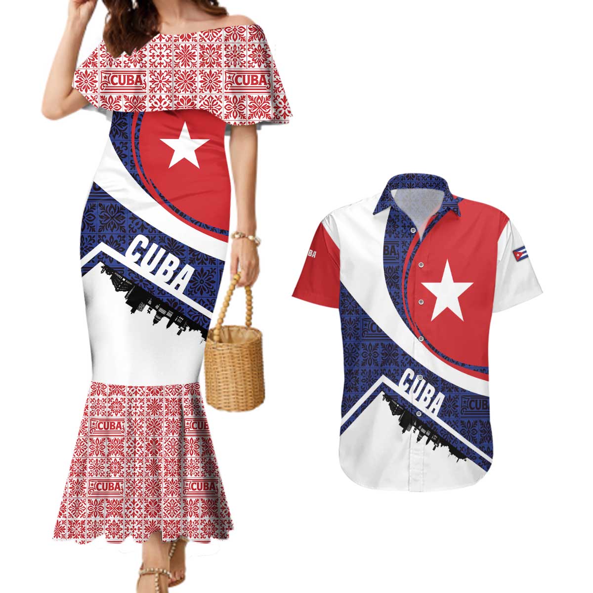 Cuba Flag Couples Matching Mermaid Dress and Hawaiian Shirt Red White and Blue Design with Cuban Star and Havana City Skyline - Wonder Print Shop