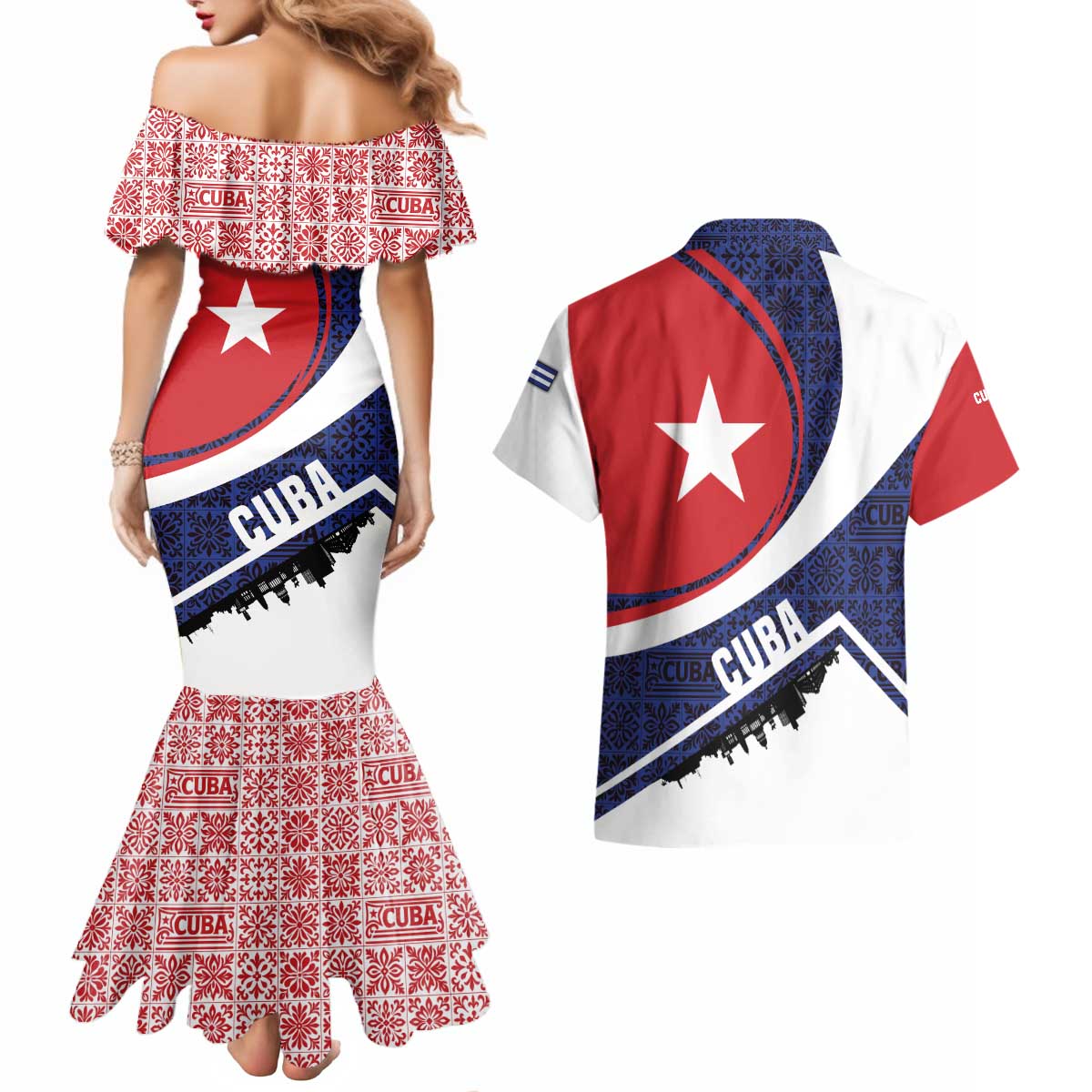 Cuba Flag Couples Matching Mermaid Dress and Hawaiian Shirt Red White and Blue Design with Cuban Star and Havana City Skyline - Wonder Print Shop