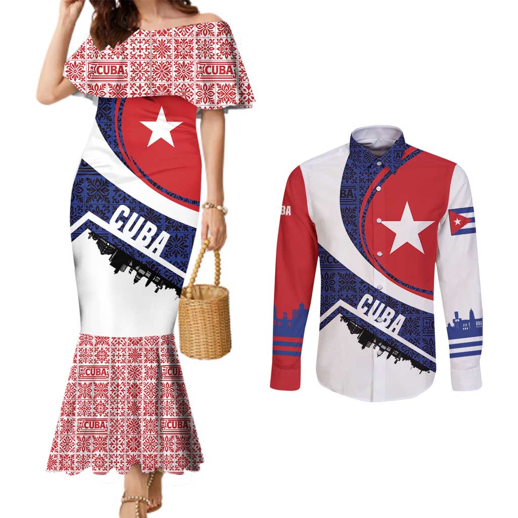 Cuba Flag Couples Matching Mermaid Dress and Long Sleeve Button Shirt Red White and Blue Design with Cuban Star and Havana City Skyline - Wonder Print Shop