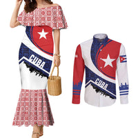 Cuba Flag Couples Matching Mermaid Dress and Long Sleeve Button Shirt Red White and Blue Design with Cuban Star and Havana City Skyline - Wonder Print Shop