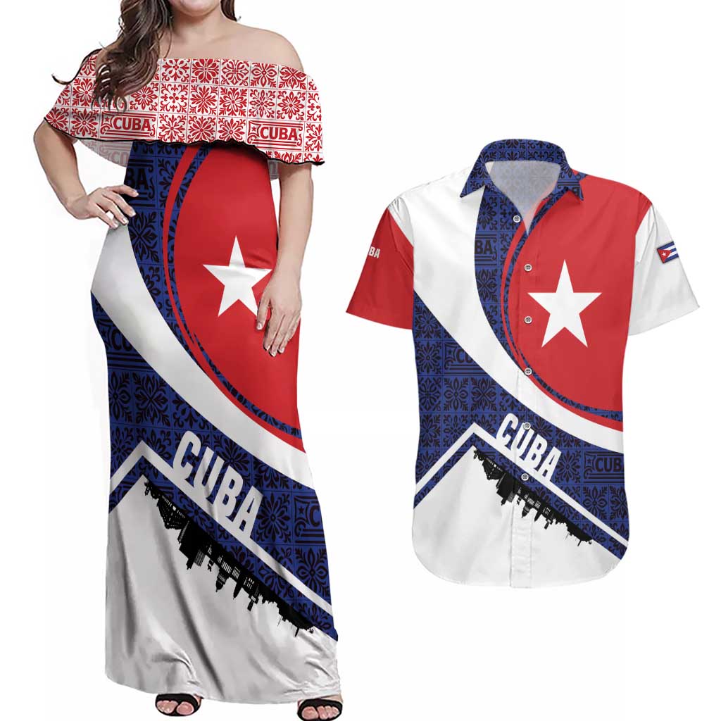 Cuba Flag Couples Matching Off Shoulder Maxi Dress and Hawaiian Shirt Red White and Blue Design with Cuban Star and Havana City Skyline - Wonder Print Shop