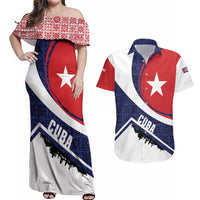 Cuba Flag Couples Matching Off Shoulder Maxi Dress and Hawaiian Shirt Red White and Blue Design with Cuban Star and Havana City Skyline - Wonder Print Shop