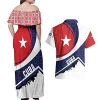 Cuba Flag Couples Matching Off Shoulder Maxi Dress and Hawaiian Shirt Red White and Blue Design with Cuban Star and Havana City Skyline - Wonder Print Shop