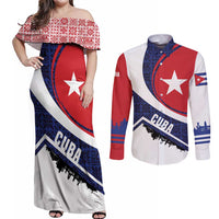 Cuba Flag Couples Matching Off Shoulder Maxi Dress and Long Sleeve Button Shirt Red White and Blue Design with Cuban Star and Havana City Skyline - Wonder Print Shop
