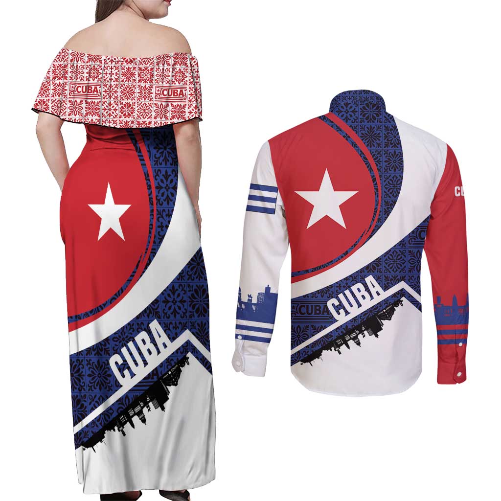 Cuba Flag Couples Matching Off Shoulder Maxi Dress and Long Sleeve Button Shirt Red White and Blue Design with Cuban Star and Havana City Skyline - Wonder Print Shop