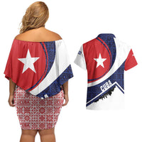 Cuba Flag Couples Matching Off Shoulder Short Dress and Hawaiian Shirt Red White and Blue Design with Cuban Star and Havana City Skyline - Wonder Print Shop