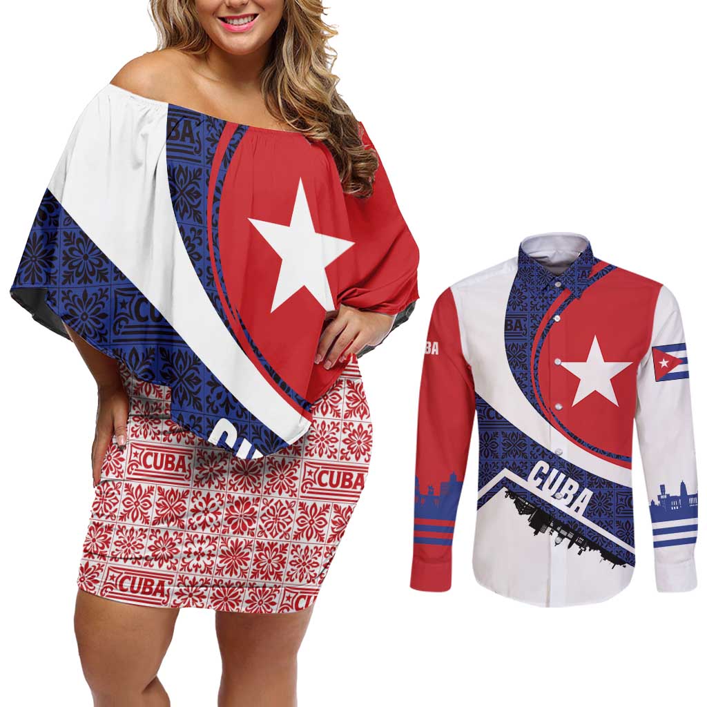 Cuba Flag Couples Matching Off Shoulder Short Dress and Long Sleeve Button Shirt Red White and Blue Design with Cuban Star and Havana City Skyline - Wonder Print Shop