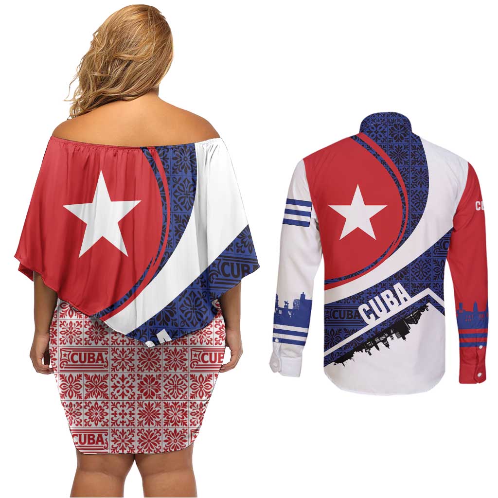 Cuba Flag Couples Matching Off Shoulder Short Dress and Long Sleeve Button Shirt Red White and Blue Design with Cuban Star and Havana City Skyline - Wonder Print Shop