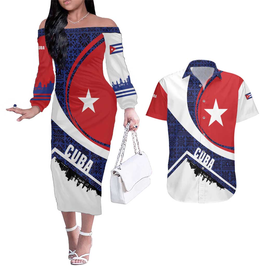 Cuba Flag Couples Matching Off The Shoulder Long Sleeve Dress and Hawaiian Shirt Red White and Blue Design with Cuban Star and Havana City Skyline - Wonder Print Shop