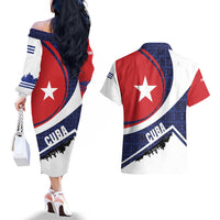 Cuba Flag Couples Matching Off The Shoulder Long Sleeve Dress and Hawaiian Shirt Red White and Blue Design with Cuban Star and Havana City Skyline - Wonder Print Shop