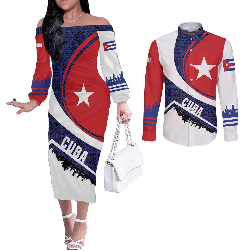 Cuba Flag Couples Matching Off The Shoulder Long Sleeve Dress and Long Sleeve Button Shirt Red White and Blue Design with Cuban Star and Havana City Skyline - Wonder Print Shop