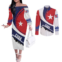 Cuba Flag Couples Matching Off The Shoulder Long Sleeve Dress and Long Sleeve Button Shirt Red White and Blue Design with Cuban Star and Havana City Skyline - Wonder Print Shop