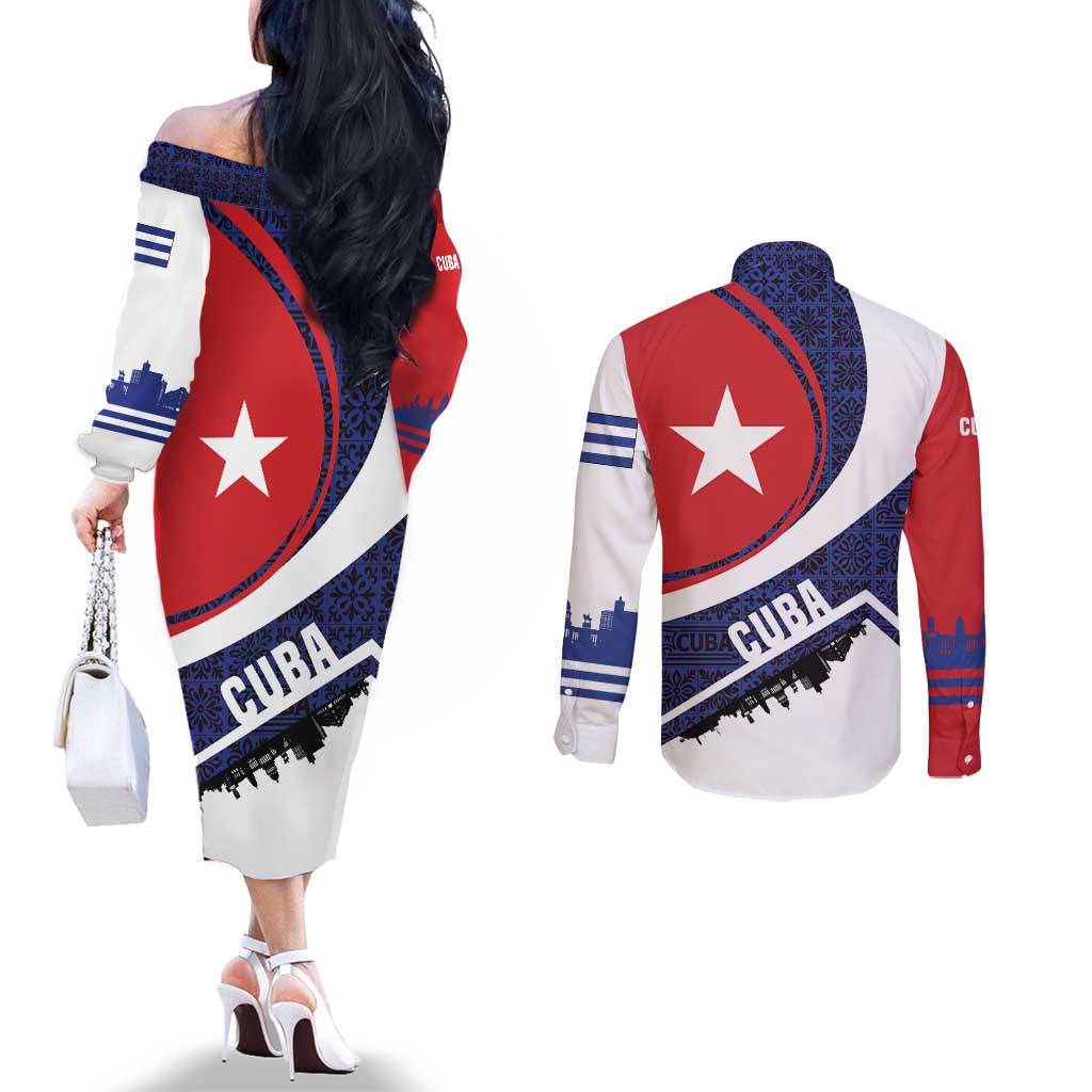 Cuba Flag Couples Matching Off The Shoulder Long Sleeve Dress and Long Sleeve Button Shirt Red White and Blue Design with Cuban Star and Havana City Skyline - Wonder Print Shop