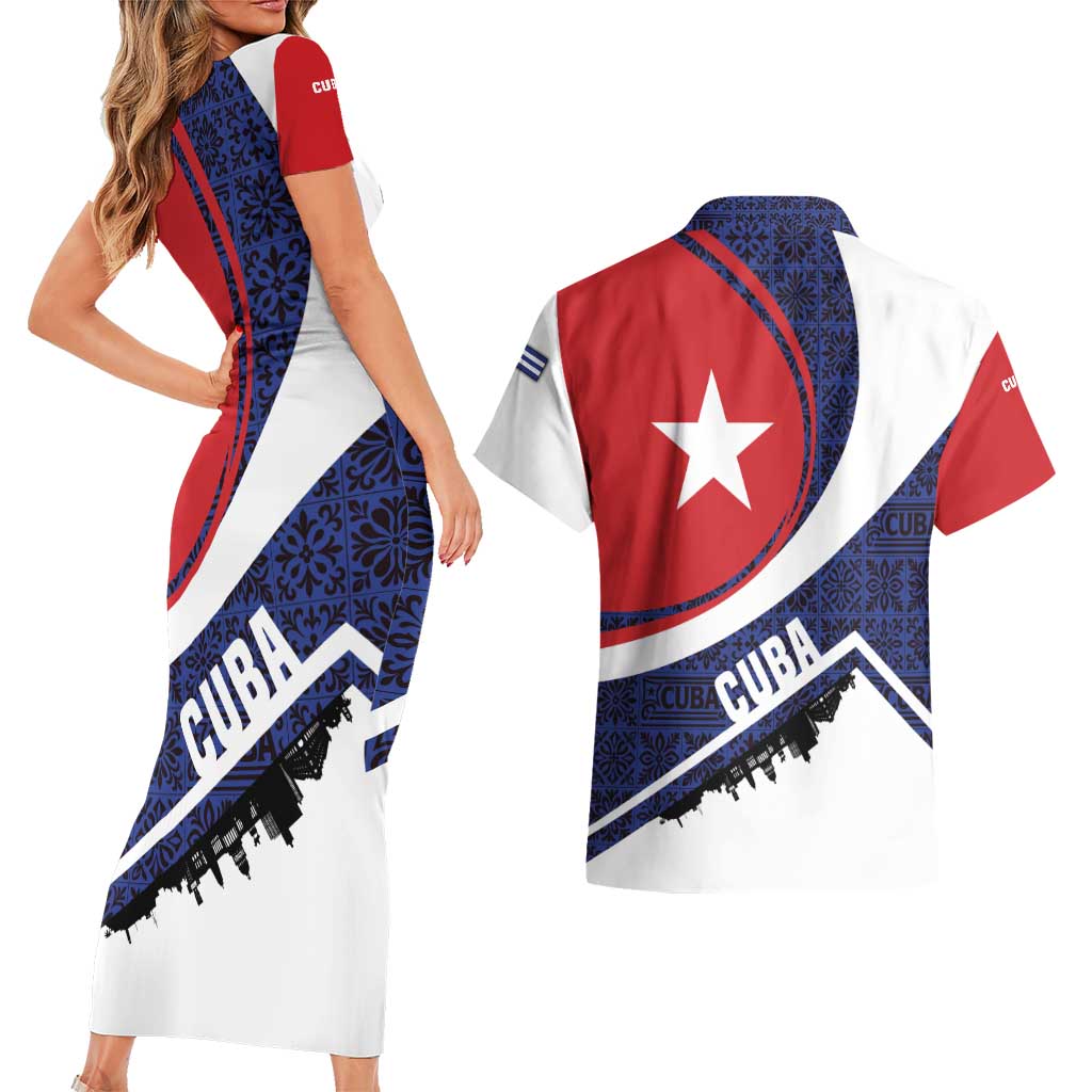 Cuba Flag Couples Matching Short Sleeve Bodycon Dress and Hawaiian Shirt Red White and Blue Design with Cuban Star and Havana City Skyline - Wonder Print Shop