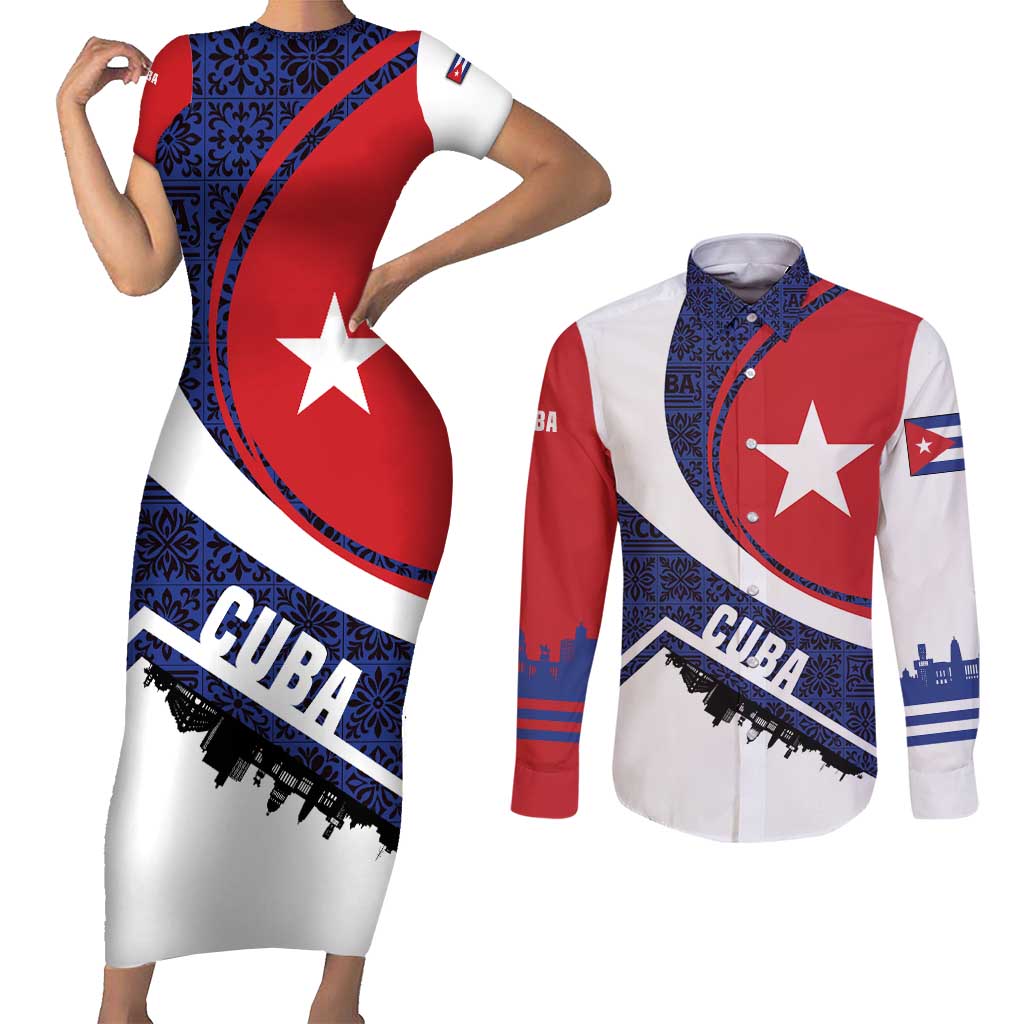 Cuba Flag Couples Matching Short Sleeve Bodycon Dress and Long Sleeve Button Shirt Red White and Blue Design with Cuban Star and Havana City Skyline - Wonder Print Shop