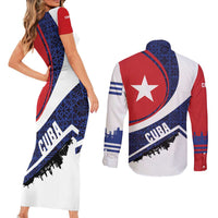 Cuba Flag Couples Matching Short Sleeve Bodycon Dress and Long Sleeve Button Shirt Red White and Blue Design with Cuban Star and Havana City Skyline - Wonder Print Shop
